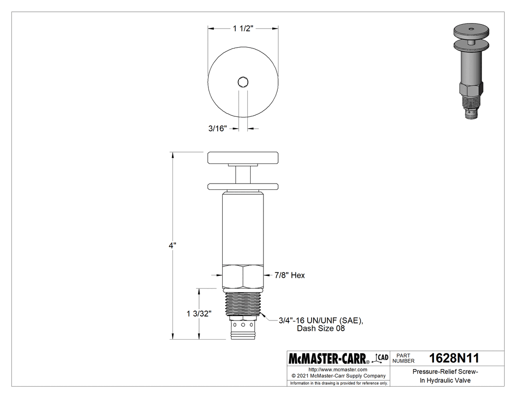Technical Drawing of Screw-In Hydraulic Pressure-Relief Valve, Detrol Equivalent Model Drv2-080-N-K-4, 3/4"-16 Thread.
